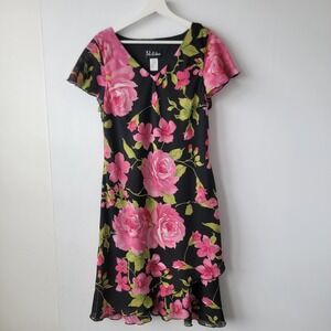 S.L. Fashions Women's Floral Chiffon Dress sz 12 Pink Rose Print Flutter Sleeve
